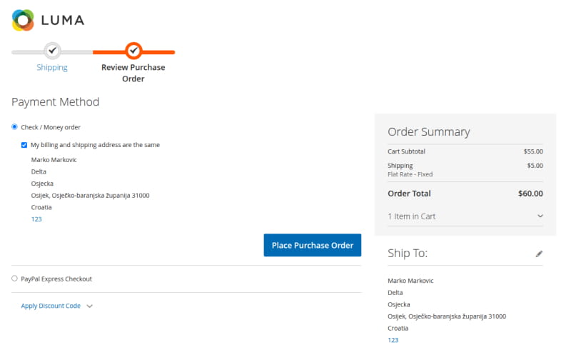 Završni korak Magento checkouta s gumbom Place Purchase Order